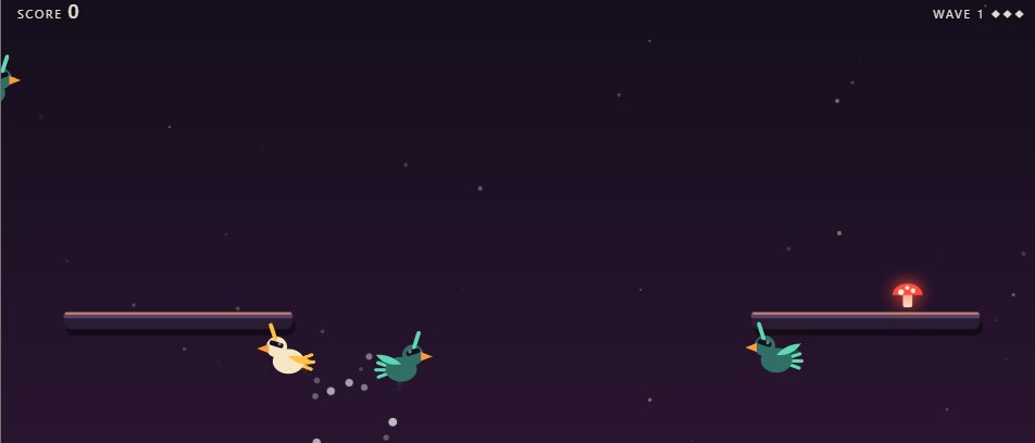 Beakdown gameplay: cartoon birds on floating platforms in a dark purple arena, with a score and wave counter and a glowing mushroom power-up
