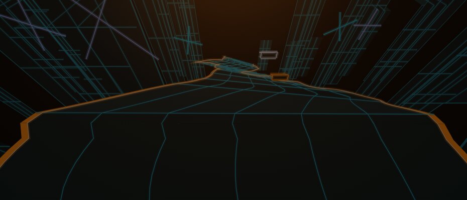 Hurtle gameplay: a glowing neon wireframe track receding to the horizon through a dark canyon of teal and orange lines