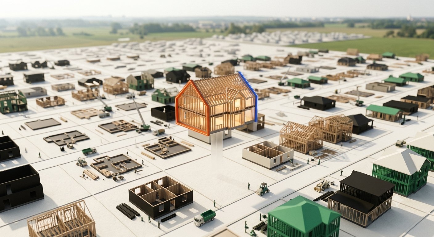 Isometric illustration of an Australian growth corridor suburb under construction, with a train arriving and a crane over new house frames