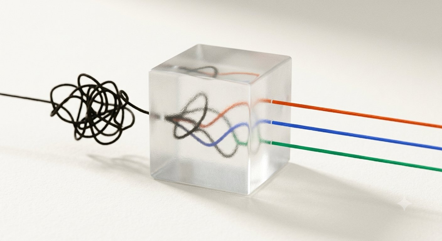 A tangled dark thread entering a frosted glass cube and leaving as three straight parallel threads in orange, cobalt and green