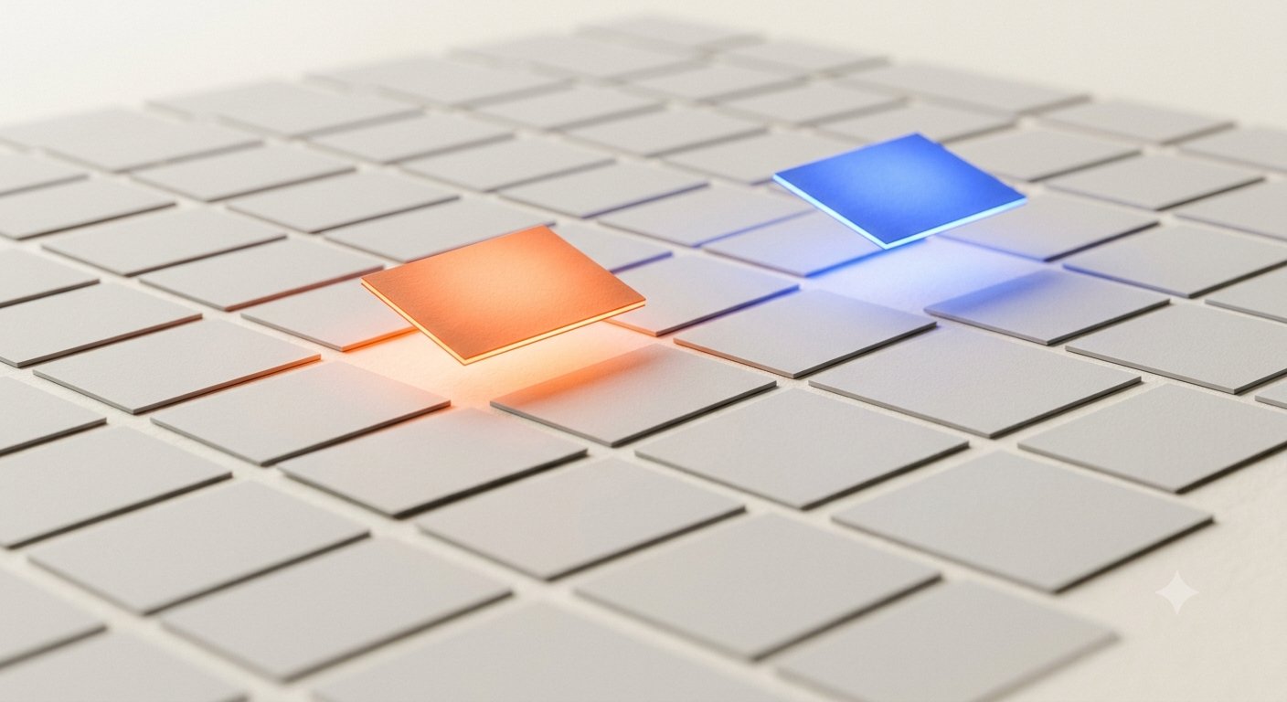 Two lit cards, one orange and one cobalt, rising above a flat grid of pale cards