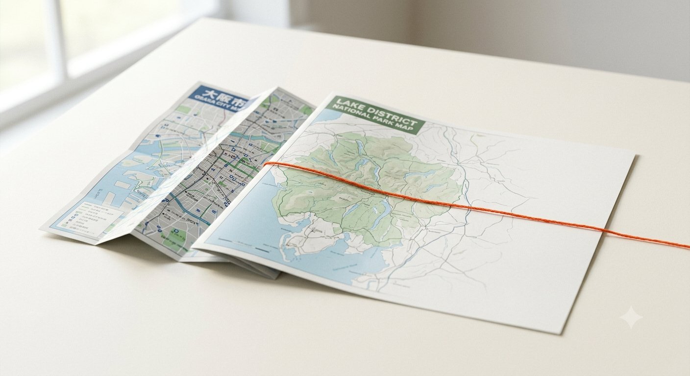 Two folded paper maps merging into one flat sheet, a single orange thread running across the join