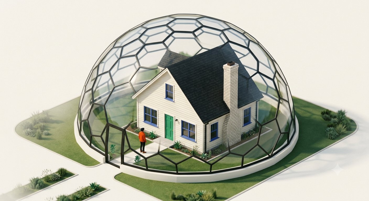 Isometric illustration of a suburban house protected under a large glass dome, a single figure standing at the gate