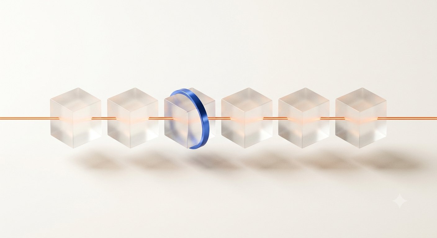 Six frosted glass blocks connected by a glowing orange thread, one block ringed in cobalt
