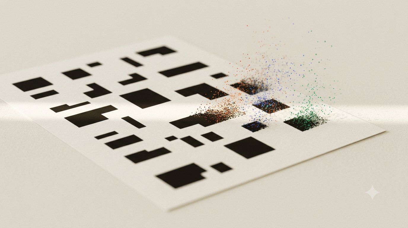 A page of dark ink blocks dissolving into fine orange, cobalt and green particles under a beam of light