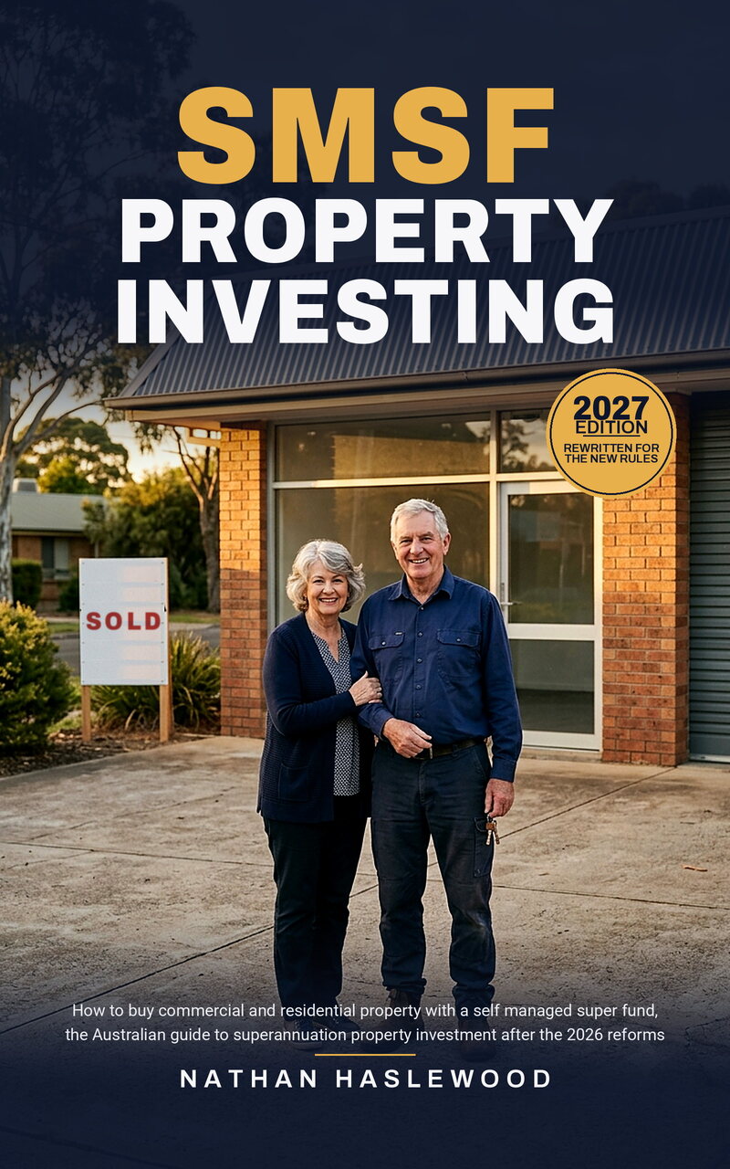 SMSF Property Investing, 2027 edition cover: a couple standing outside a small brick commercial building at dusk